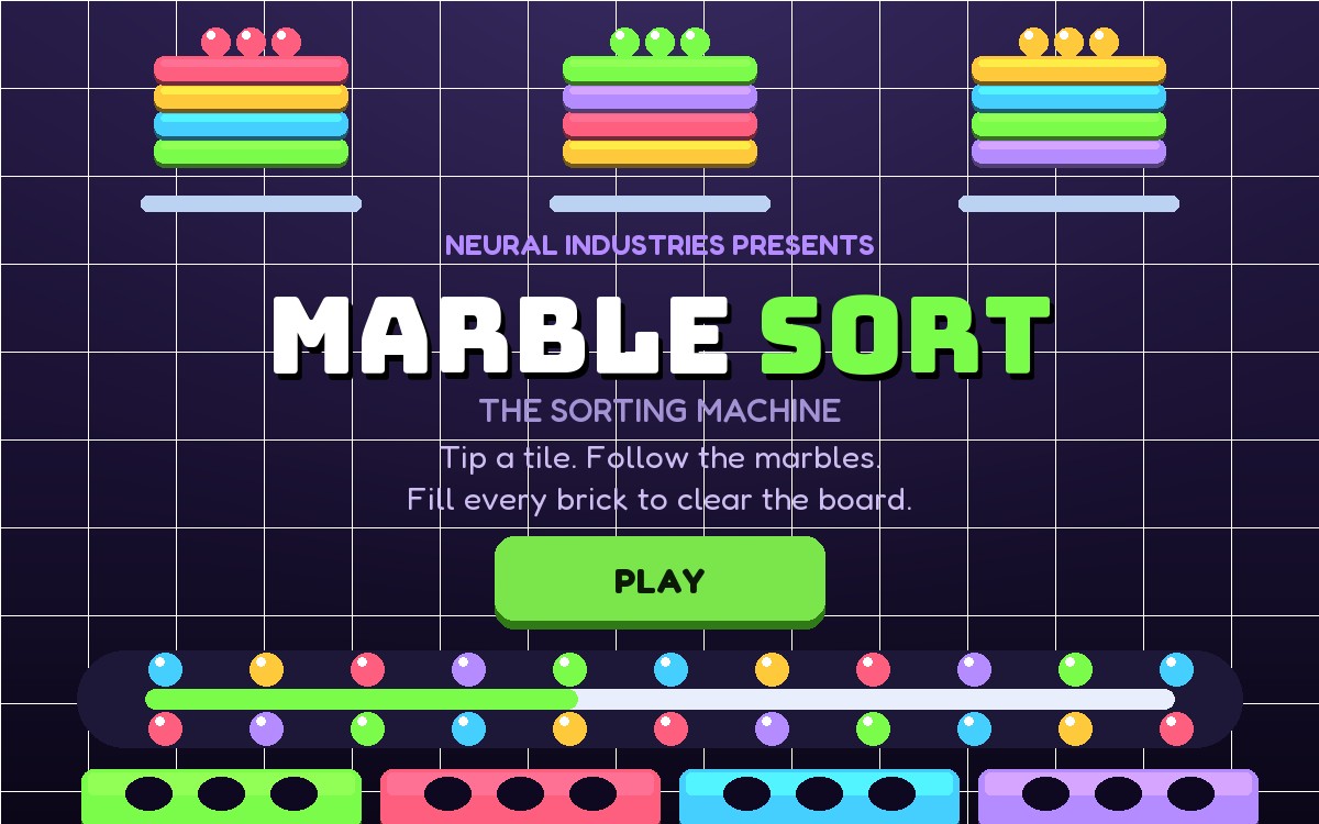 Marble Sort 3D title screen — stacks of coloured tiles above a loop of marbles