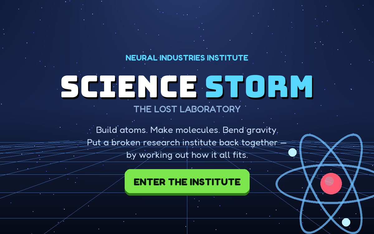 Science Storm 3D title screen — a futuristic research institute with a glowing holographic atom