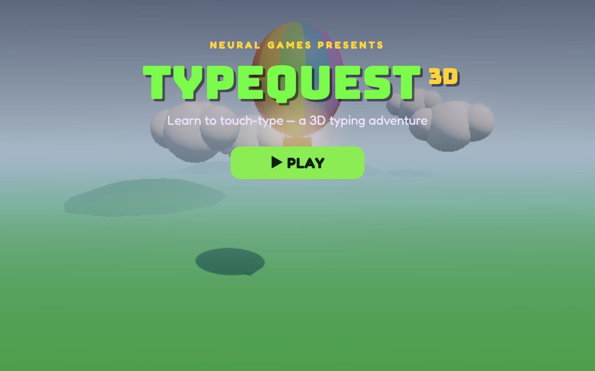 TypeQuest 3D title screen — a hot-air balloon drifting over green hills